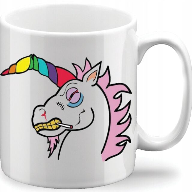 Biały ceramiczny kubek Bad Unicorn z komiksowym nadrukiem jednorożca dla dorosłych