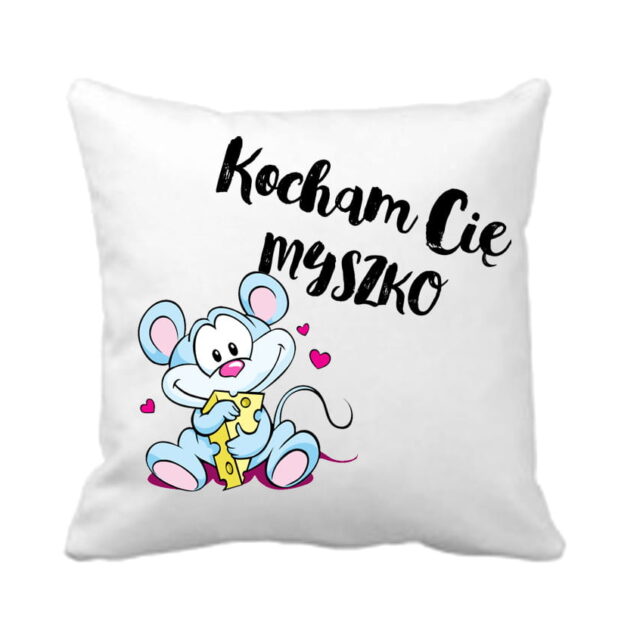 Biała poduszka dekoracyjna Kocham Cię Myszko z nadrukiem serca dla par