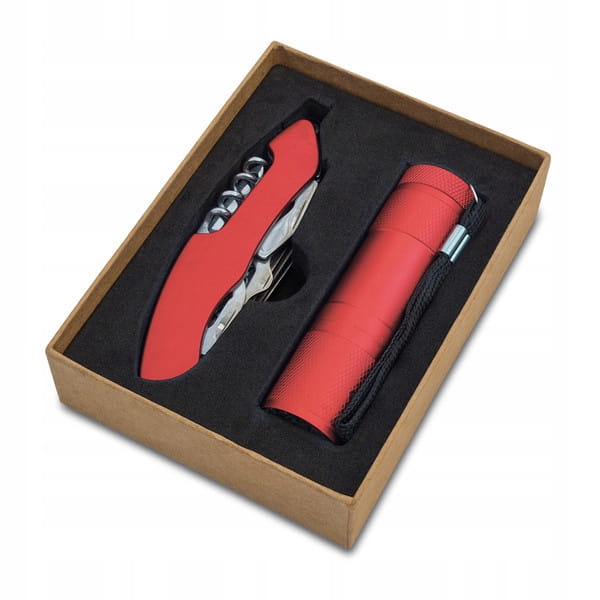 Zestaw narzędzi w pudełku Multitool + latarka - czerwony